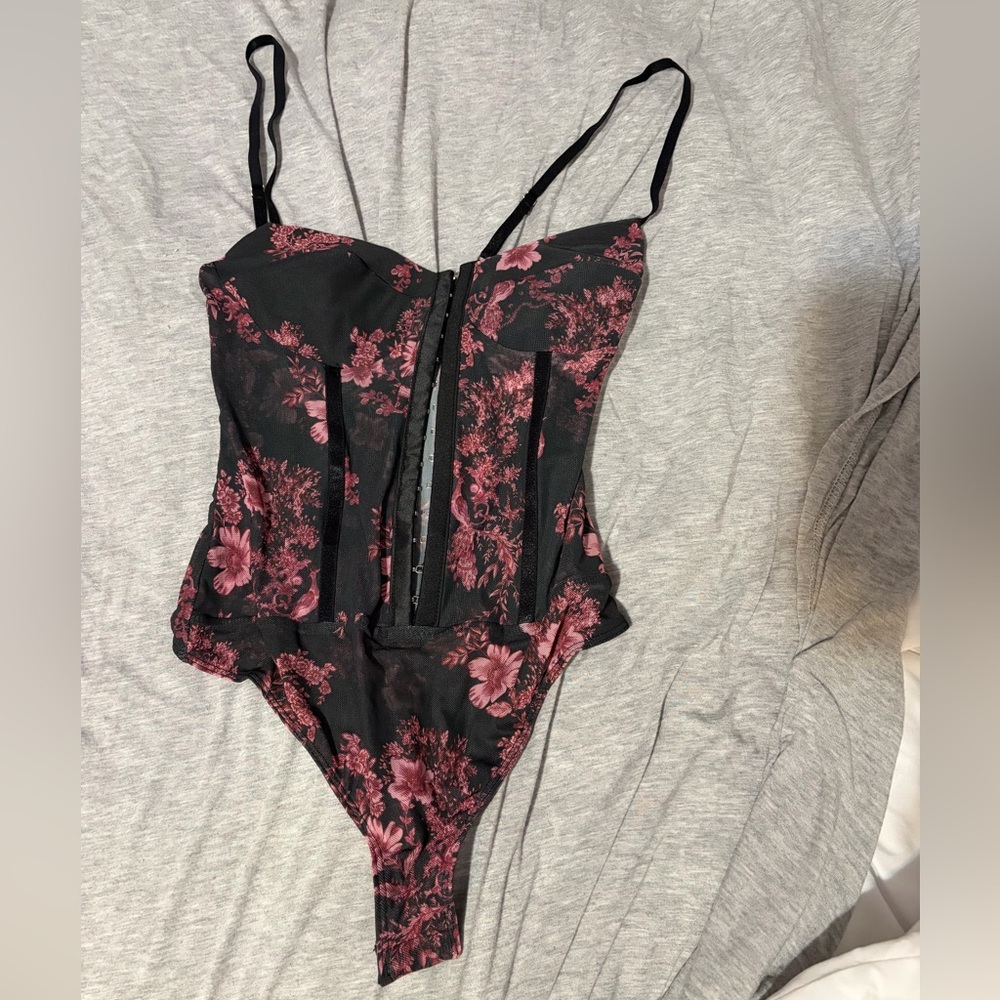Black and Pink Floral Bustier Bodysuit